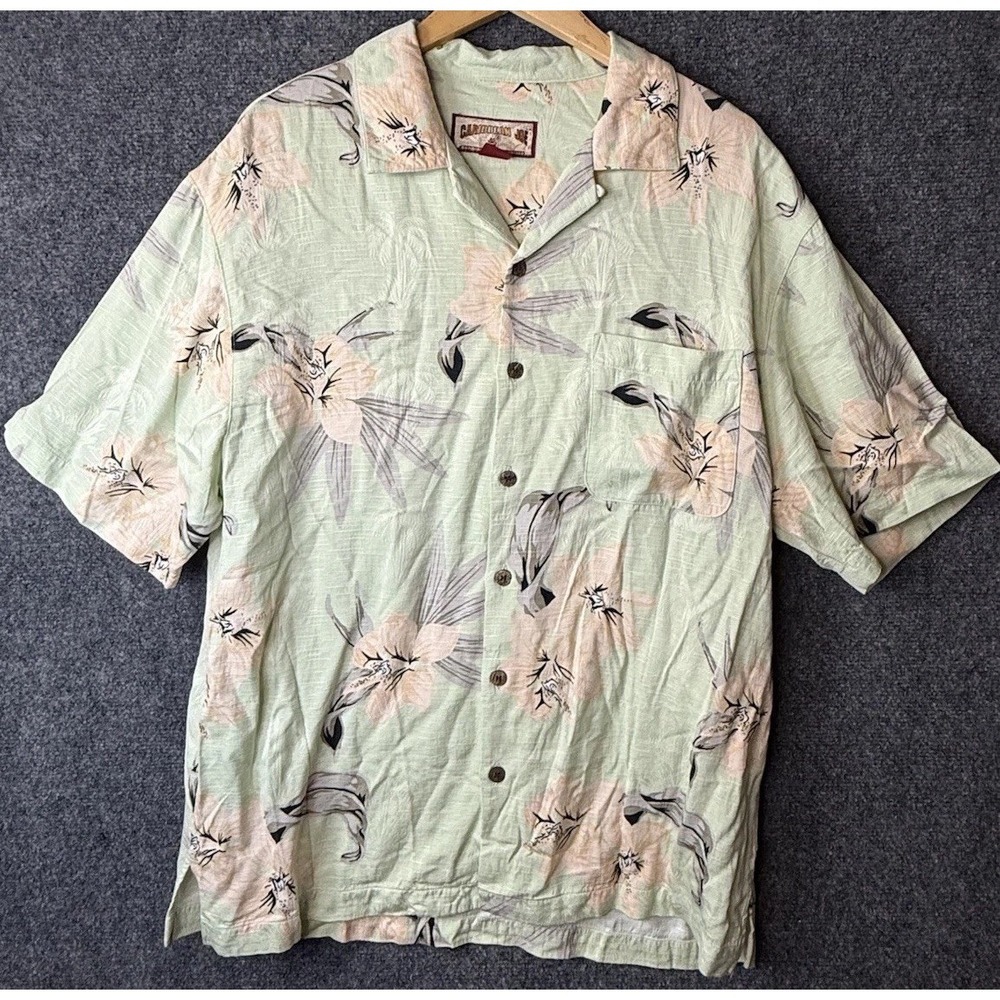 Caribbean Joe Hawaiian Shirt Mens Large Rayon Green Floral Short Sleeve Shirt
